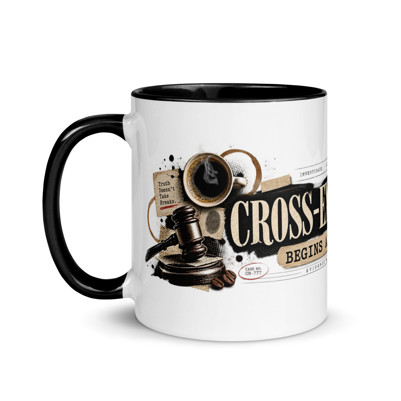 Cross-Examination Begins After Coffee Christian ceramic mug by Gospel Noir, left-side product view.