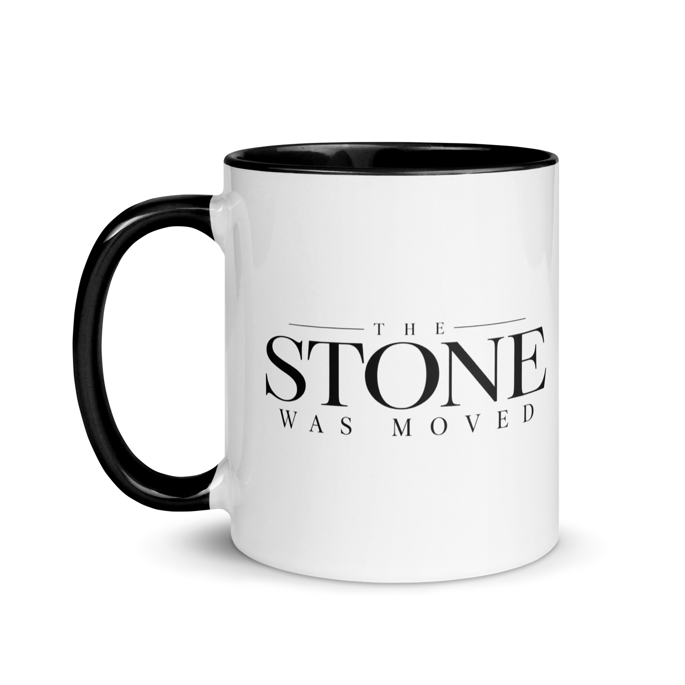 The Stone Was Moved Christian resurrection mug, left-side product view.