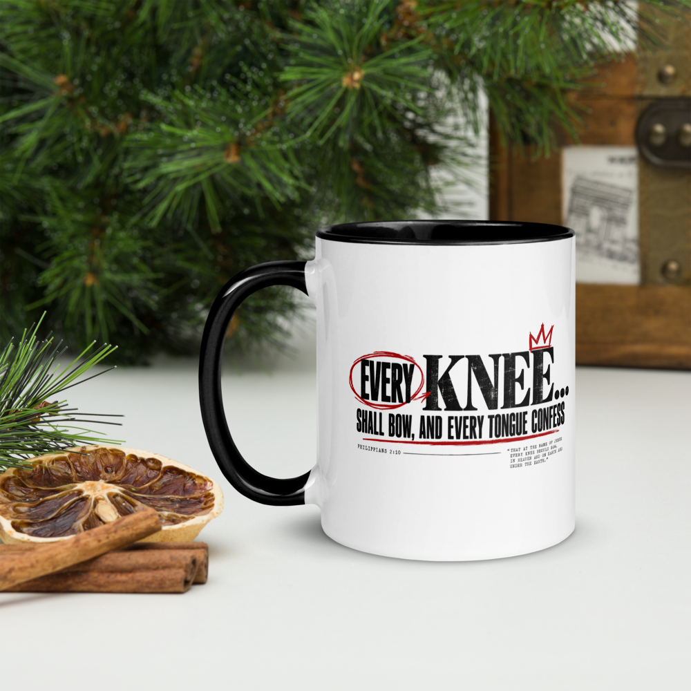 Every Knee Will Bow Christian Mug — Philippians 2:10 Archive Edition — white, left side. Gospel Noir Christian coffee mug by Heavenly Crafted, Christian gift under $30