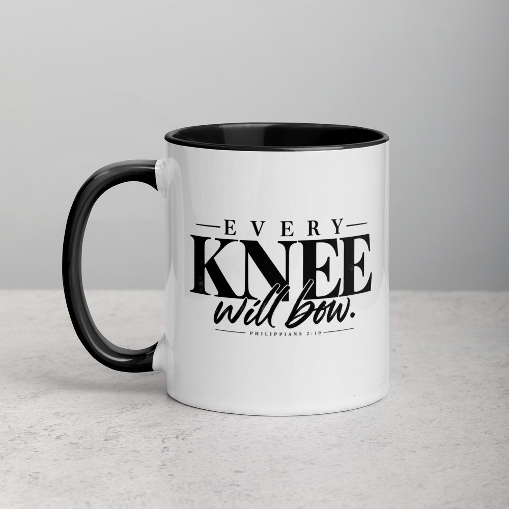 Every Knee Will Bow Christian Mug — Philippians 2:10 — white, left side. Gospel Noir Christian coffee mug by Heavenly Crafted, Christmas Christian gift