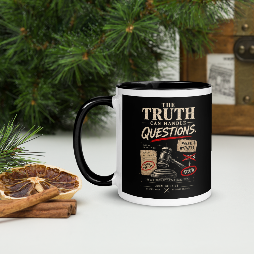 The Truth Can Handle Questions Christian Apologetics Mug — white, left side. Gospel Noir Christian coffee mug by Heavenly Crafted, Bible verse coffee mug