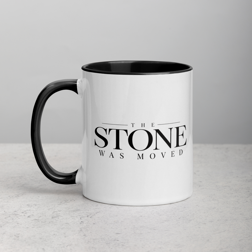 The Stone Was Moved Christian Resurrection Mug — white, left side. Gospel Noir Christian coffee mug by Heavenly Crafted, Christian gift under $30