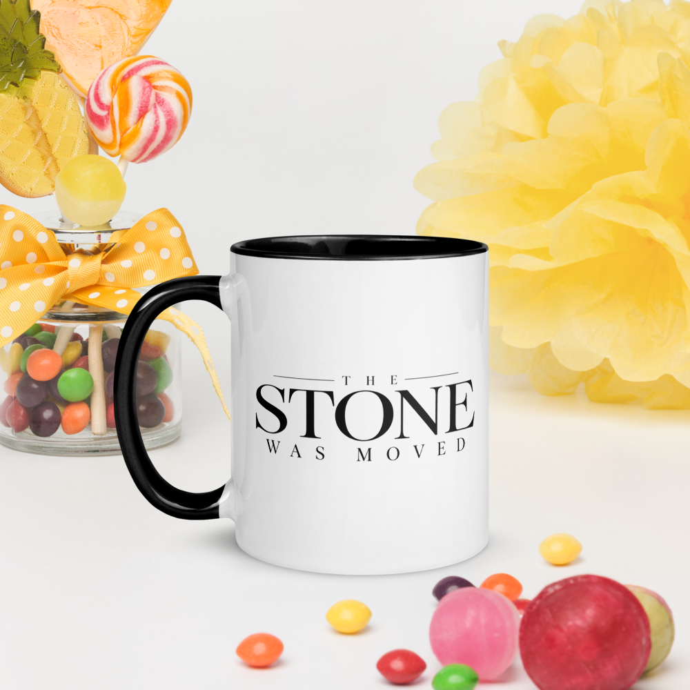 The Stone Was Moved Christian Resurrection Mug — white, left side. Gospel Noir Christian coffee mug by Heavenly Crafted, Christmas Christian gift