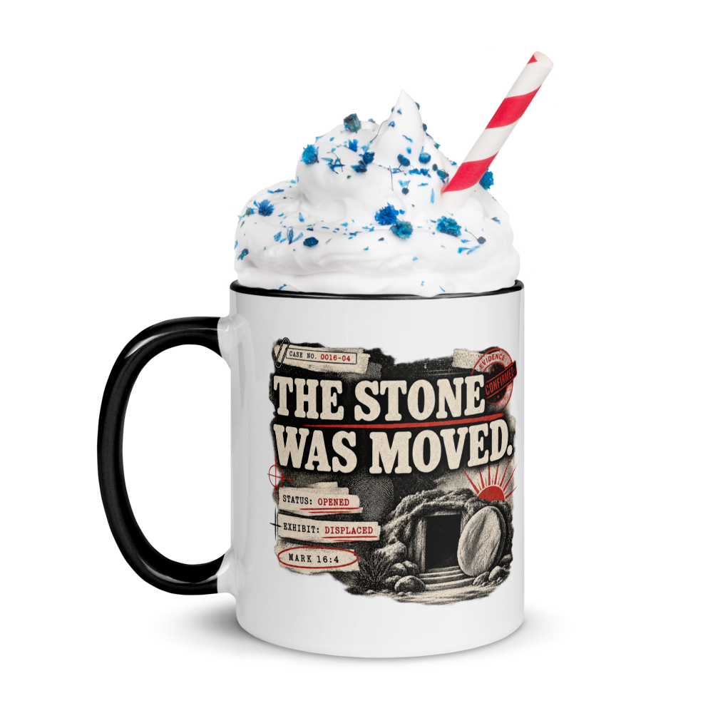 The Stone Was Moved Christian Resurrection Mug — Mark 16:4 — white, left side. Gospel Noir Christian coffee mug by Heavenly Crafted, Christmas Christian gift