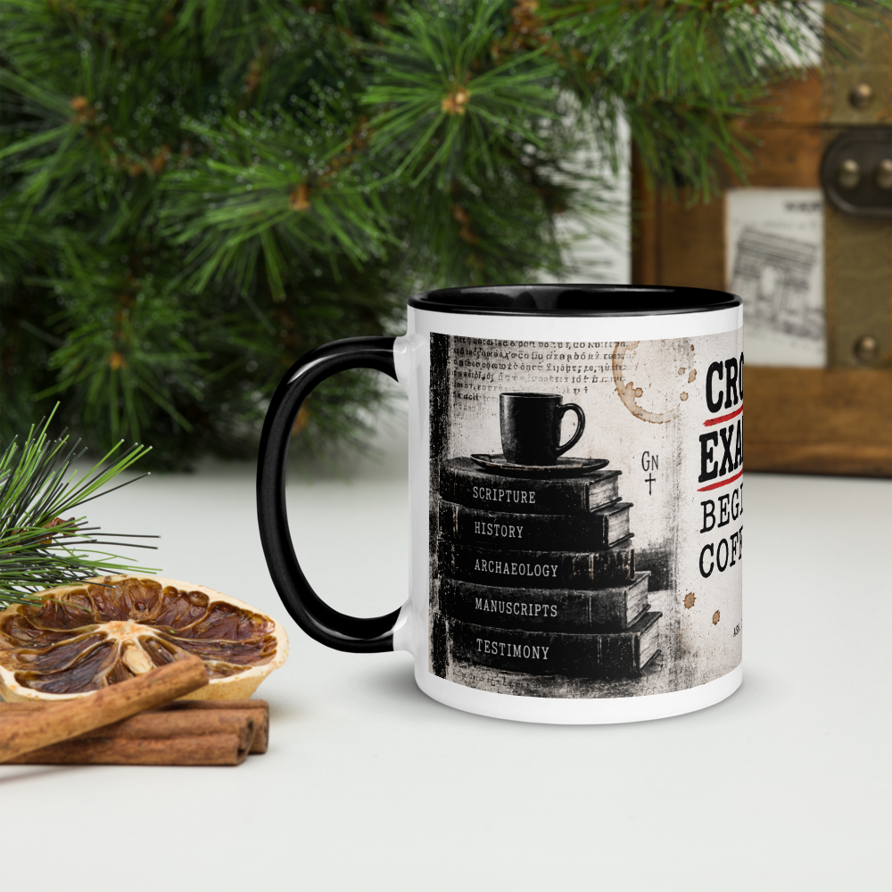 Christian Evidence & Biblical Archaeology Mug — white, left side. Gospel Noir Christian coffee mug by Heavenly Crafted, faith-based drinkware