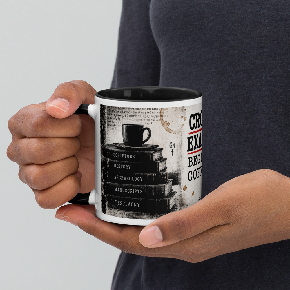 Christian Evidence & Biblical Archaeology Mug — white, left side. Gospel Noir Christian coffee mug by Heavenly Crafted, Christian gift under $30