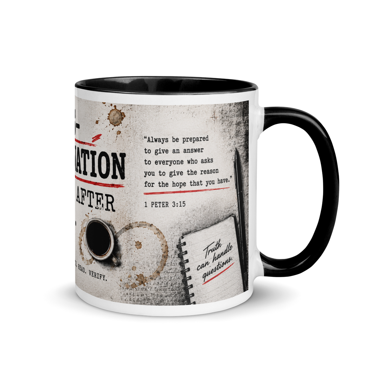 Christian evidence and biblical archaeology mug by Gospel Noir, right-side product view.