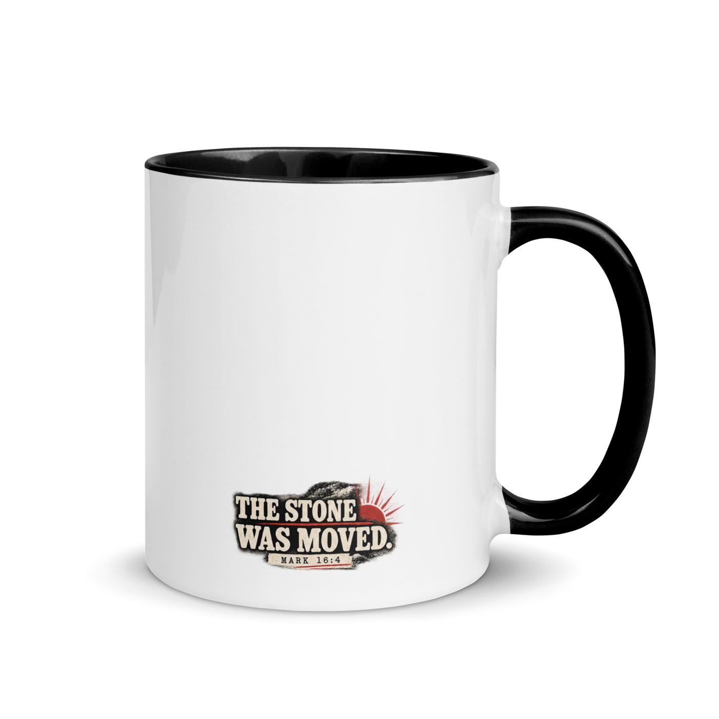 The Stone Was Moved Mark 16:4 Christian resurrection mug, right-side product view.