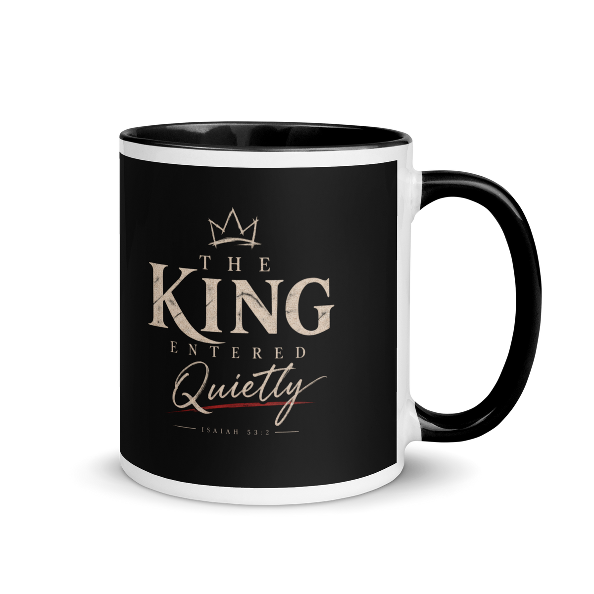 The King Entered Quietly Christian Christmas mug, right-side product view.