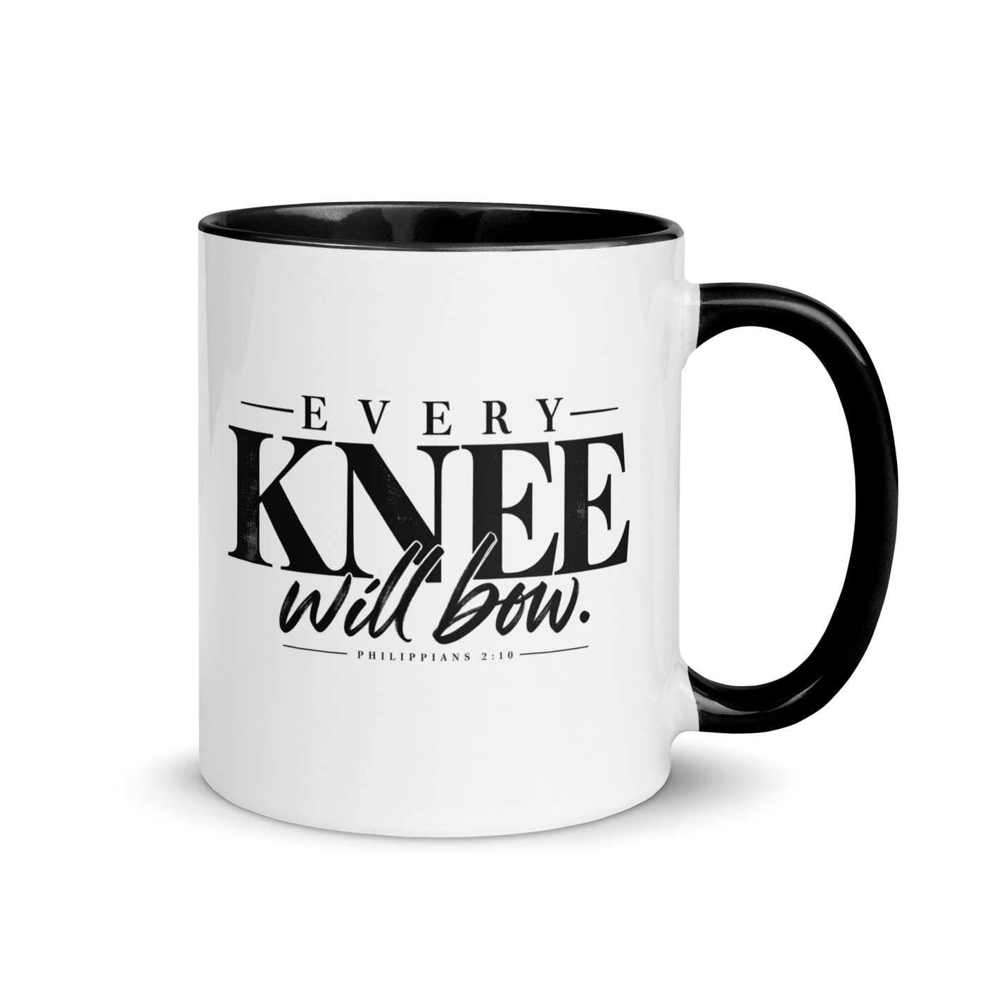 Every Knee Will Bow Christian mug inspired by Philippians 2:10, right-side product view.
