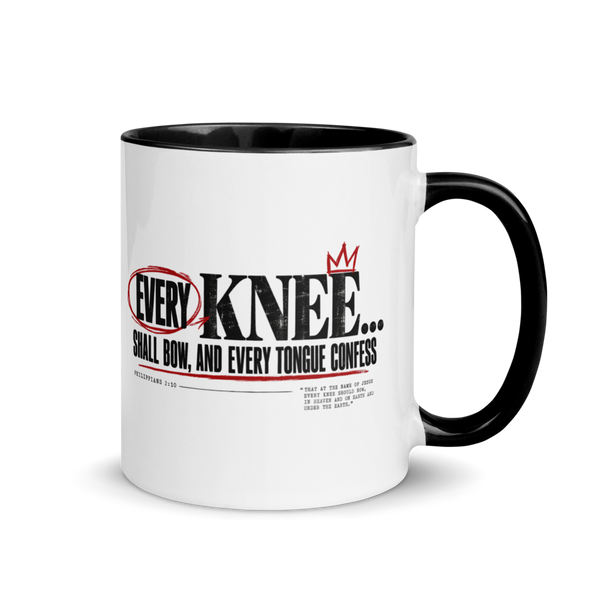Every Knee Will Bow Christian Mug — Philippians 2:10 Archive Edition — white, right side. Gospel Noir Christian coffee mug by Heavenly Crafted, film noir Christian mug