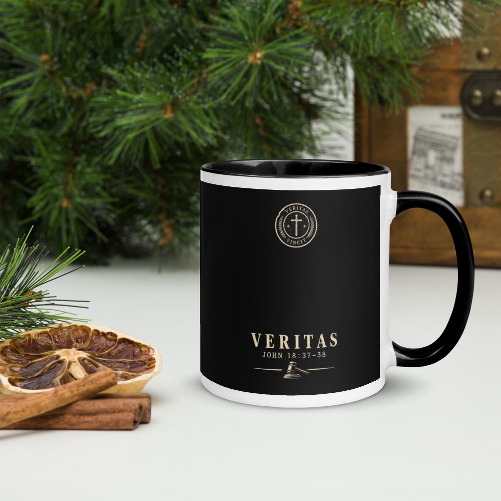 The Truth Can Handle Questions Christian Apologetics Mug — white, right side. Gospel Noir Christian coffee mug by Heavenly Crafted, faith-based drinkware