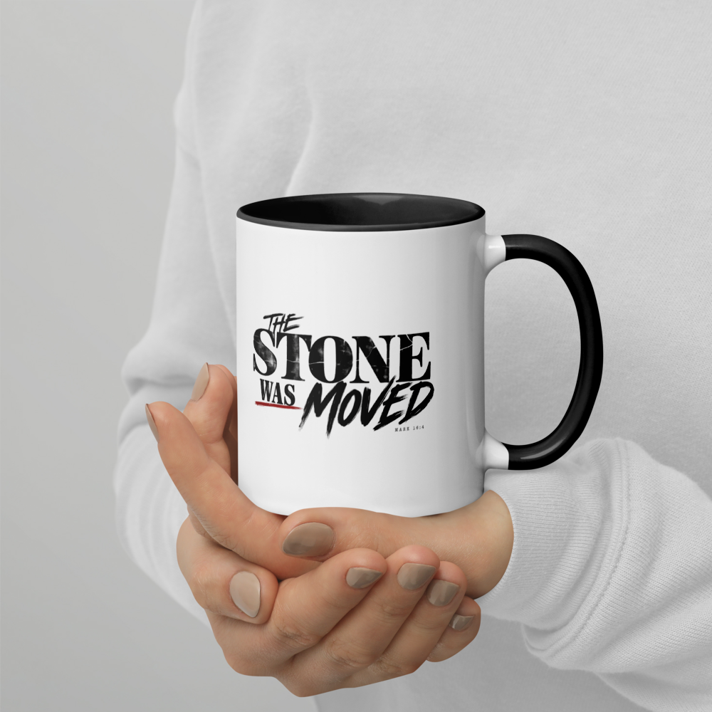 The Stone Was Moved Christian Resurrection Mug — white, right side. Gospel Noir Christian coffee mug by Heavenly Crafted, Christmas Christian gift