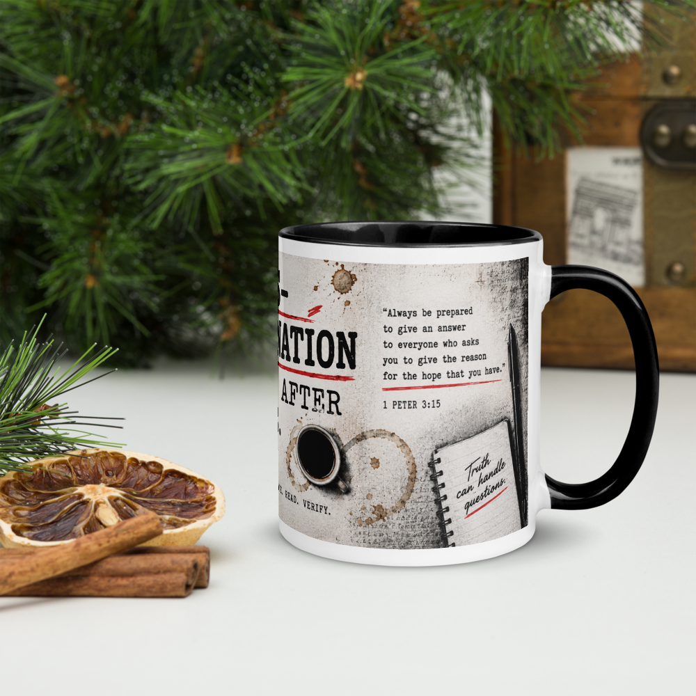 Christian Evidence & Biblical Archaeology Mug — white, right side. Gospel Noir Christian coffee mug by Heavenly Crafted, film noir Christian mug