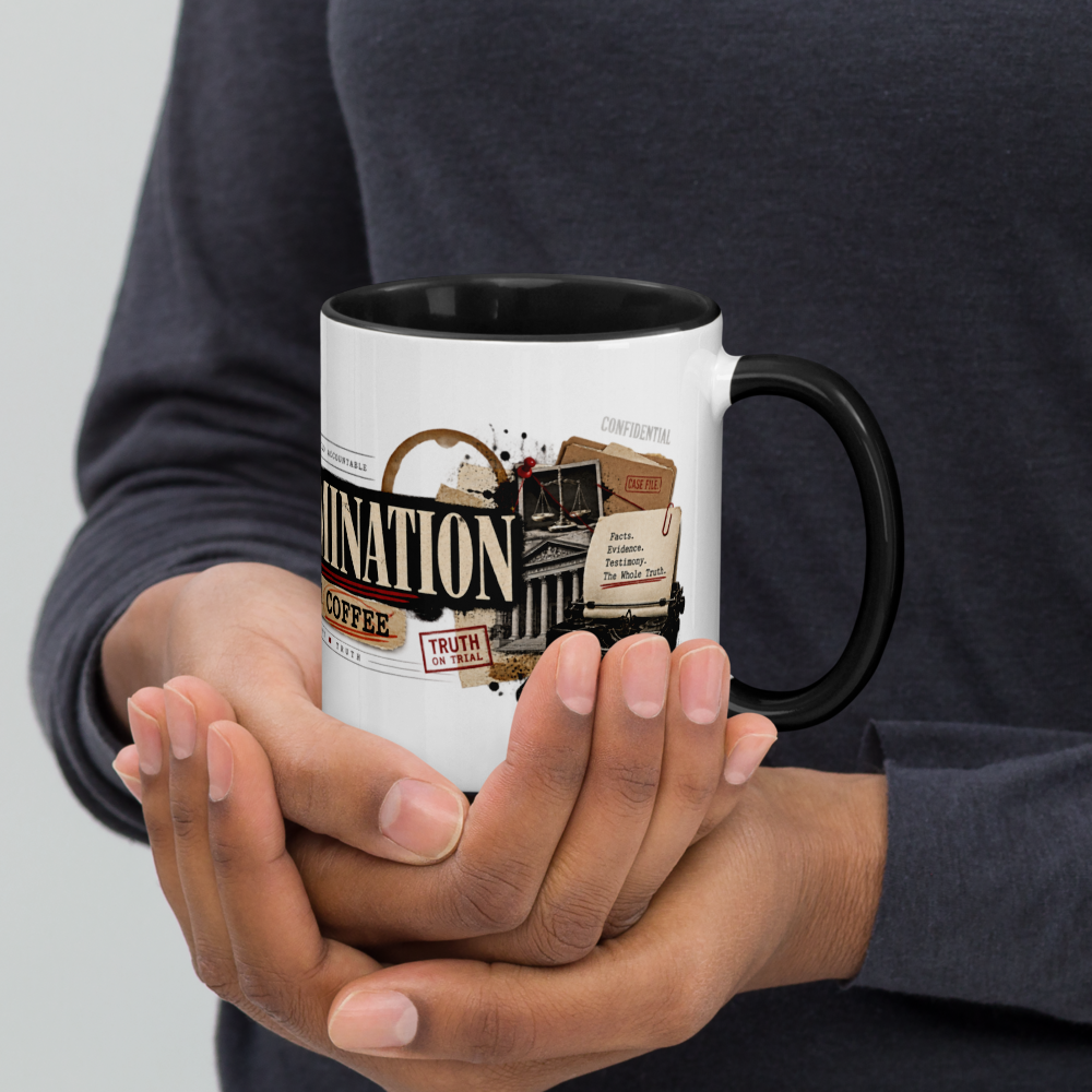 Cross-Examination Begins After Coffee Christian Mug — white, right side. Gospel Noir Christian coffee mug by Heavenly Crafted, faith-based drinkware