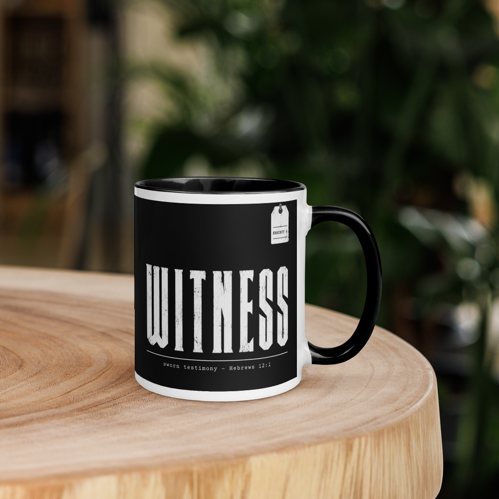 Witness Hebrews 12:1 Christian Mug – Black & White 11 oz — white, right side. Gospel Noir Christian coffee mug by Heavenly Crafted, faith-based drinkware