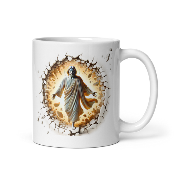 Divine Breakthrough Jesus Christian Mug – 11 oz — white, right-handle view. Gospel Noir Christian coffee mug by Heavenly Crafted, film noir Christian mug