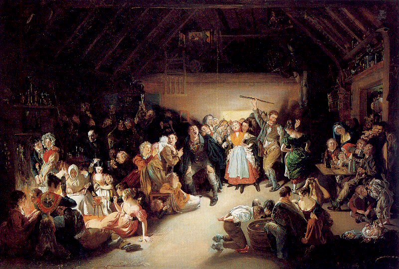 Daniel Maclise's 1833 painting Snap-Apple Night documenting nineteenth-century Irish Halloween traditions