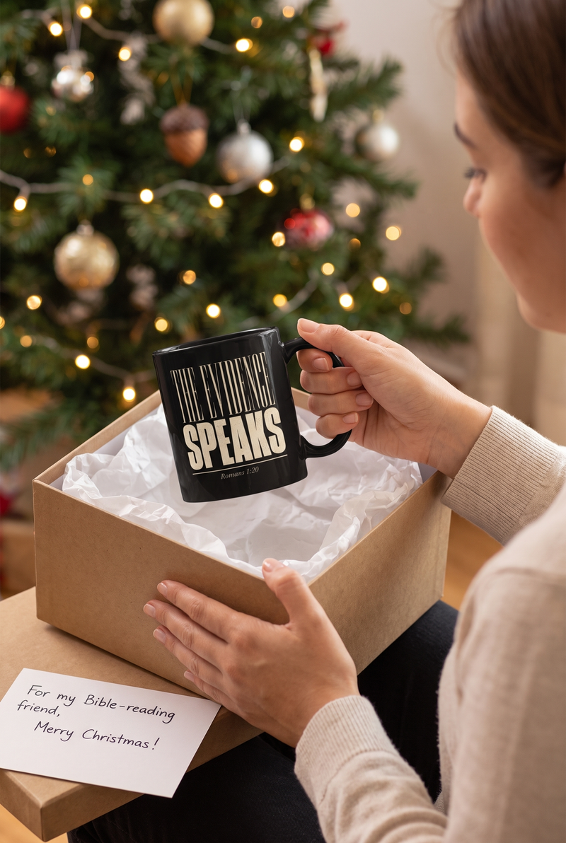 The Evidence Speaks Romans 1:20 Christian mug wrapped as a Christmas gift