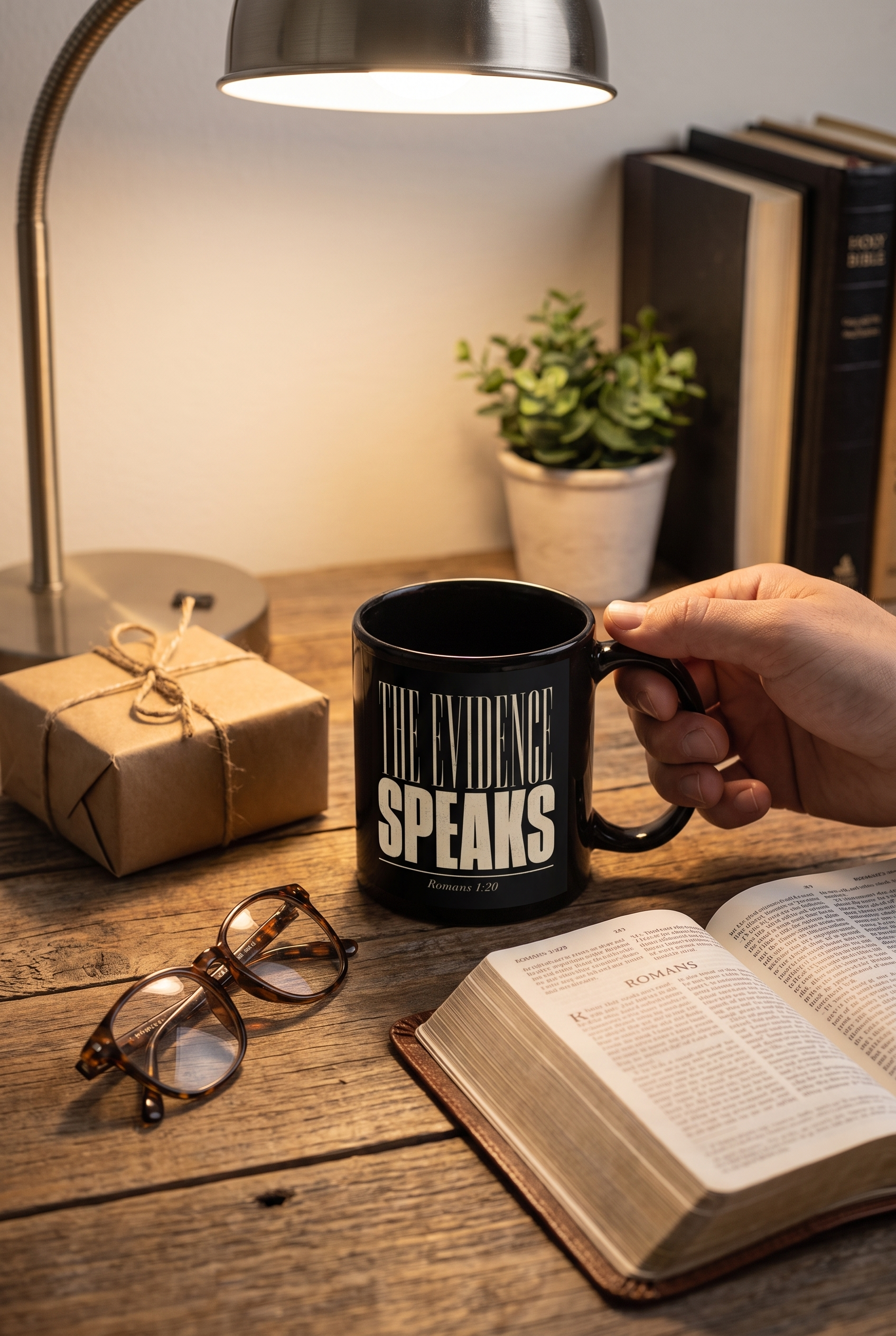 The Evidence Speaks Christian mug beside Bible and wrapped gift