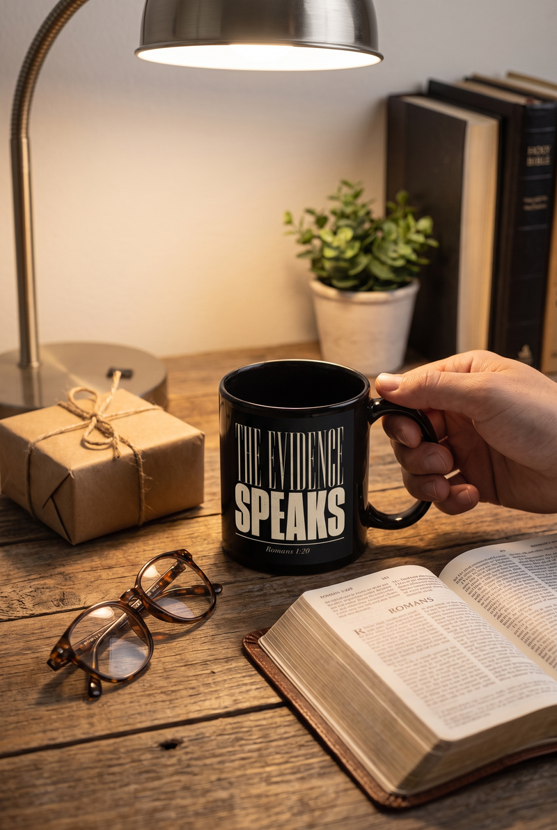 The Evidence Speaks Christian mug beside Bible and wrapped gift