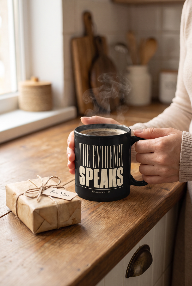 The Evidence Speaks Christian mug in a winter gift scene
