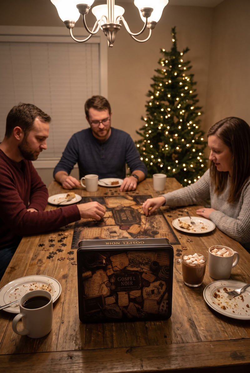 Family assembling Gospel Noir Christian puzzle after Christmas dinner