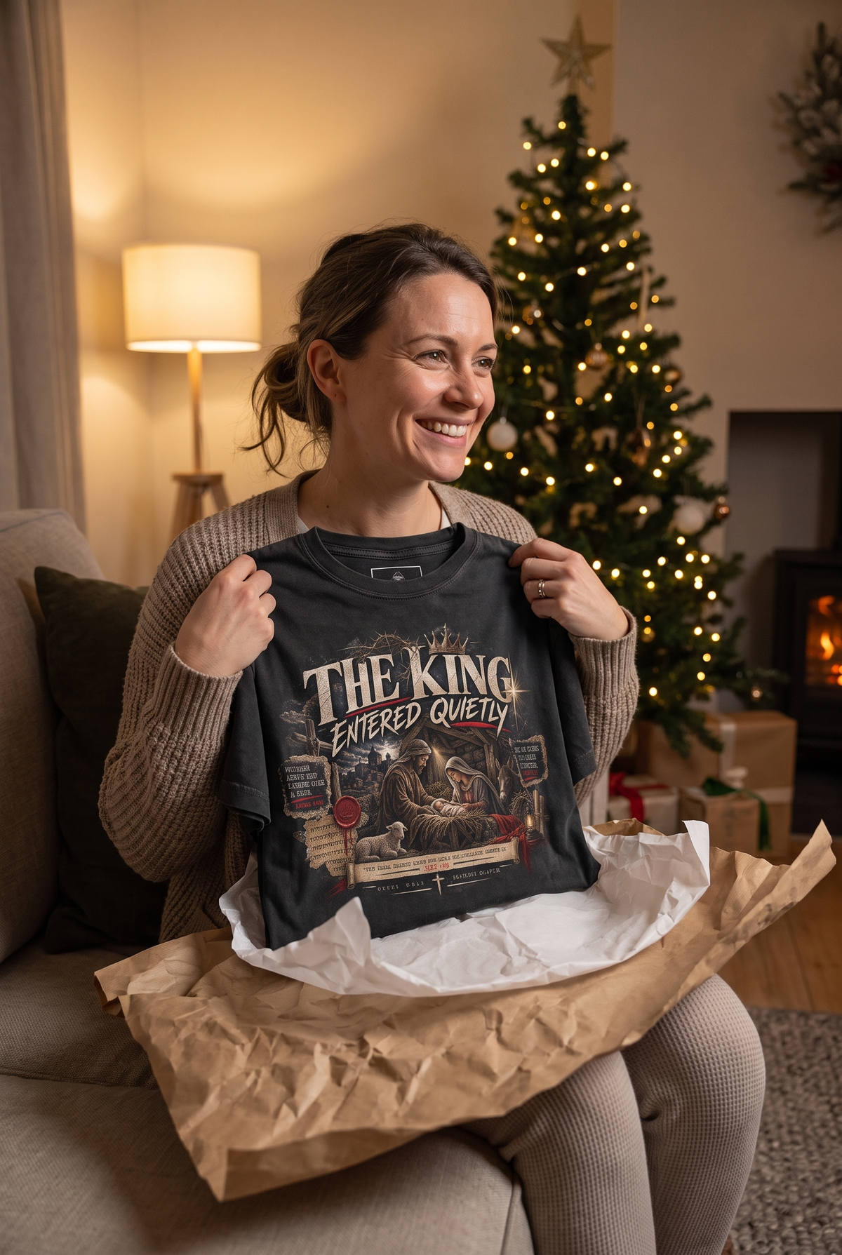 Christian Christmas gift lifestyle with The King Entered Quietly shirt