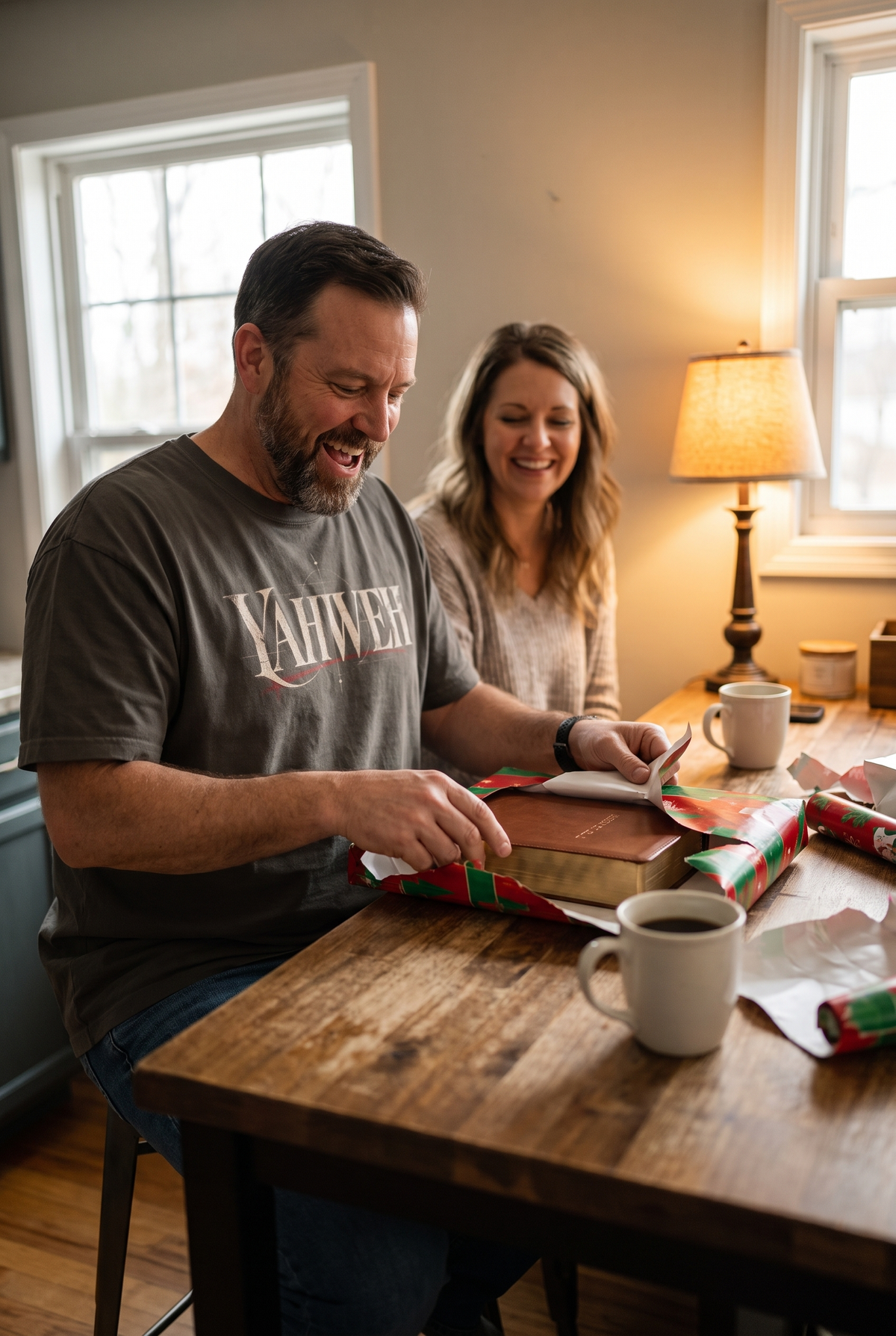 Man receiving Yahweh Christian oversized shirt as a Christmas gift
