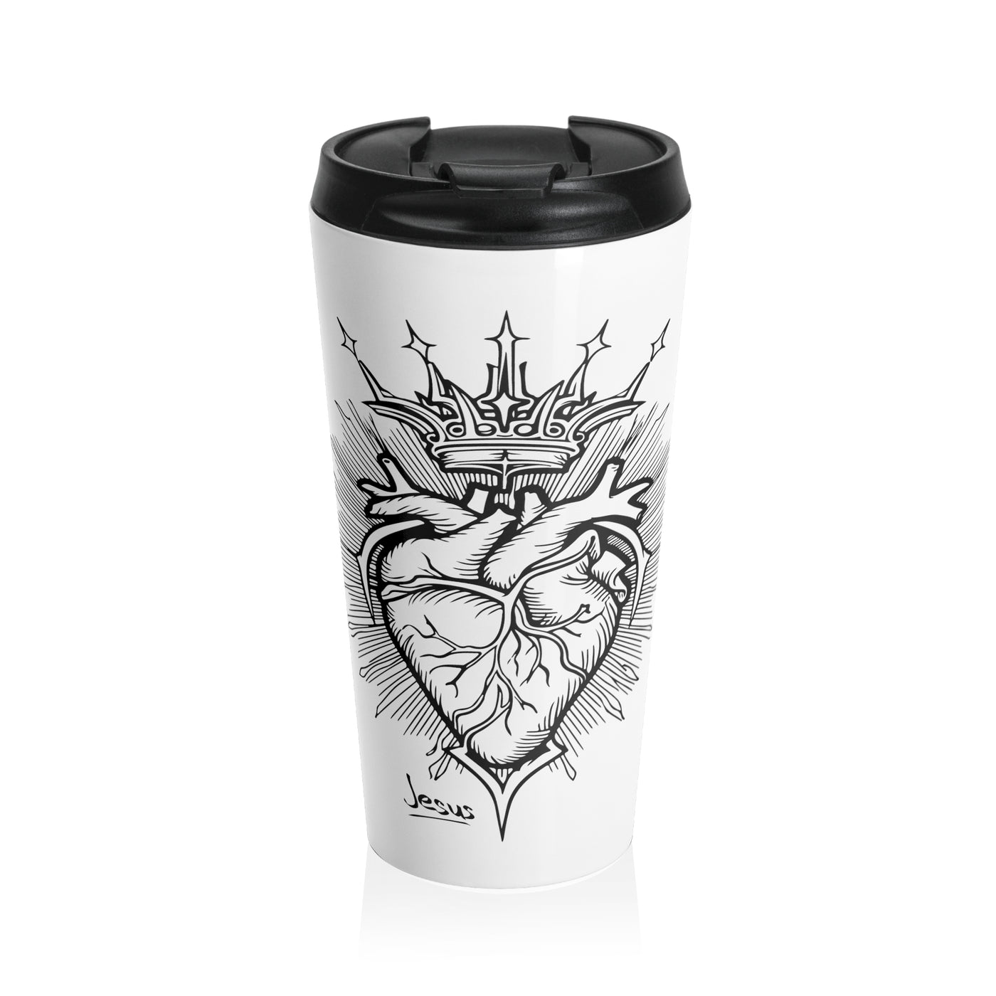 Sacred Heart Christian Stainless Steel Travel Mug – 15 oz — red, front view