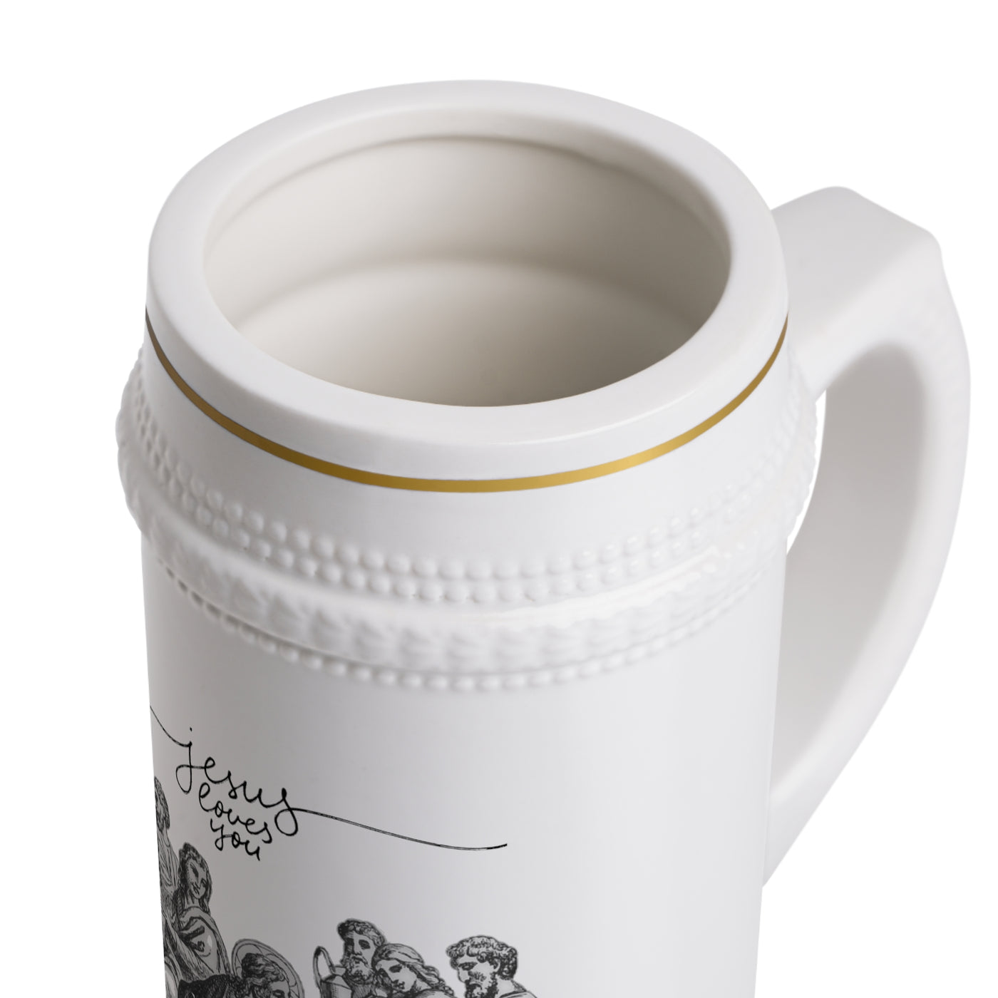 Jesus Loves You Ceramic Beer Stein Mug – 22 oz — design detail