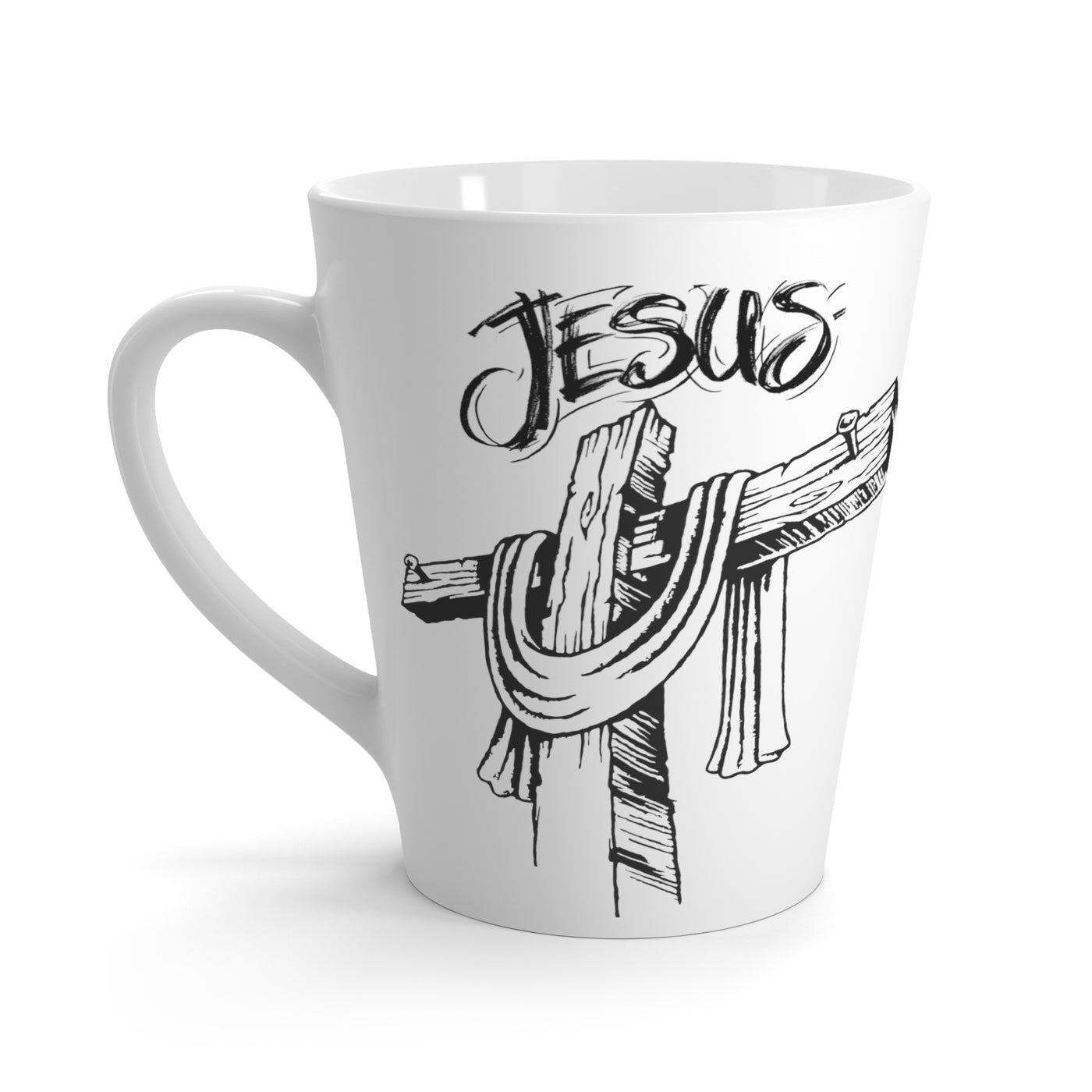 Jesus and the Cross White Latte Mug – 12 oz — white, front view