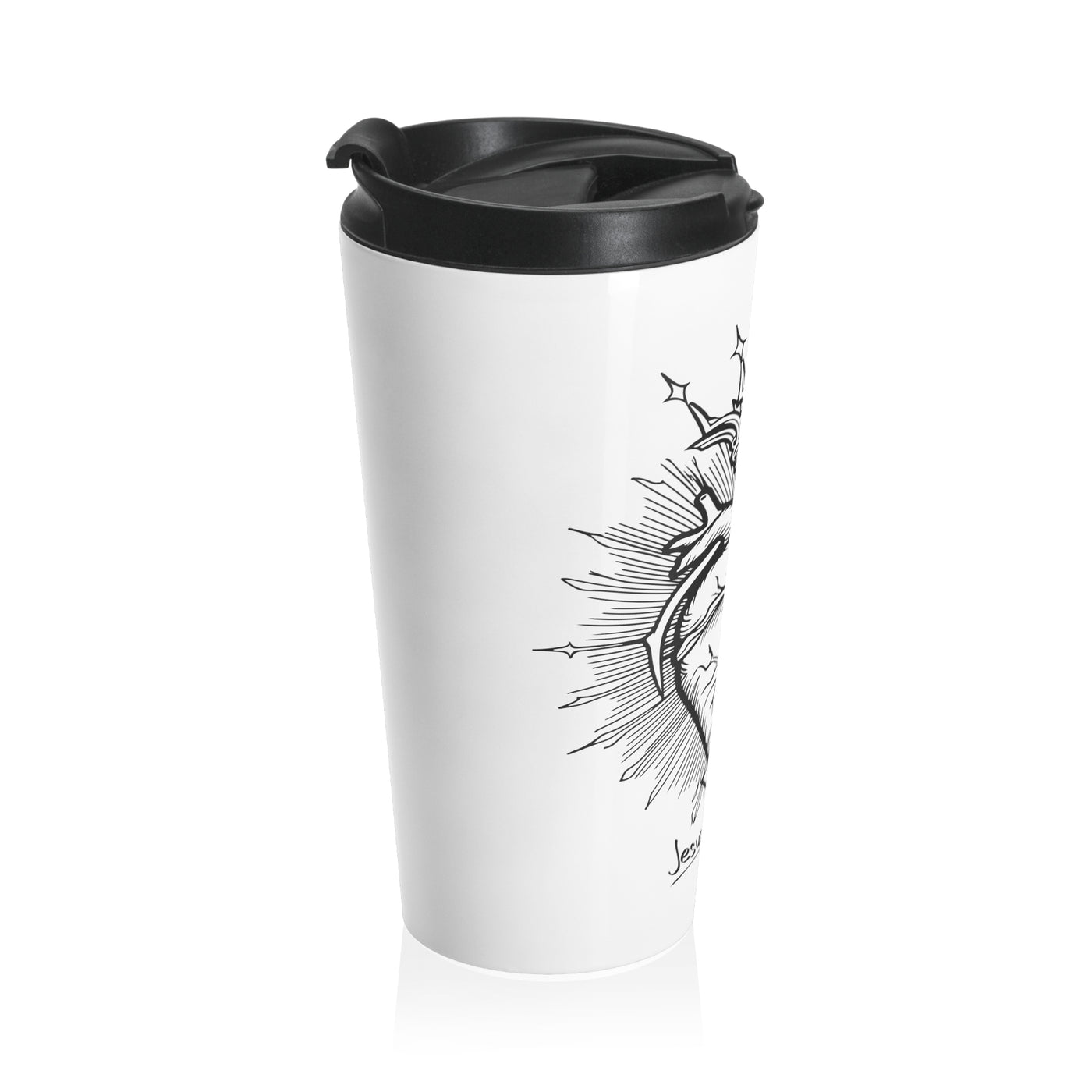 Sacred Heart Christian Stainless Steel Travel Mug – 15 oz — black, side view