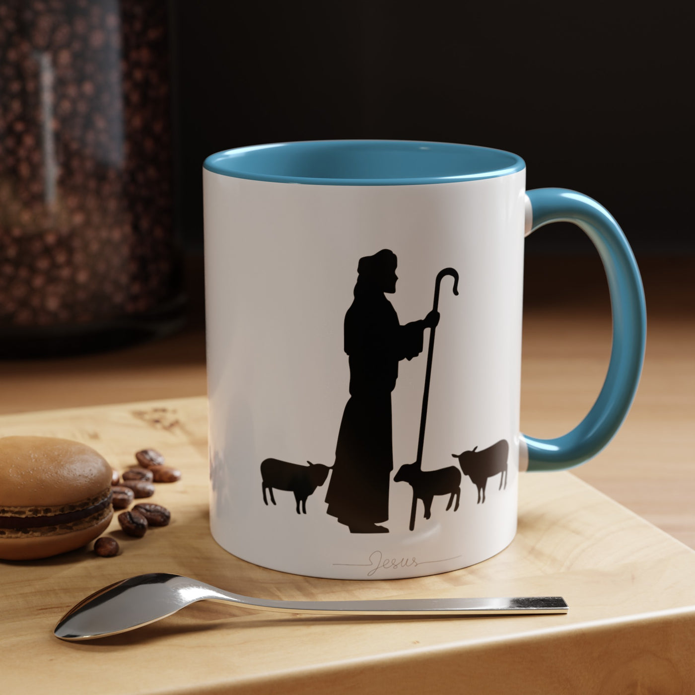 Jesus and the Sheep Accent Christian Mug – 11 oz — light blue, product view