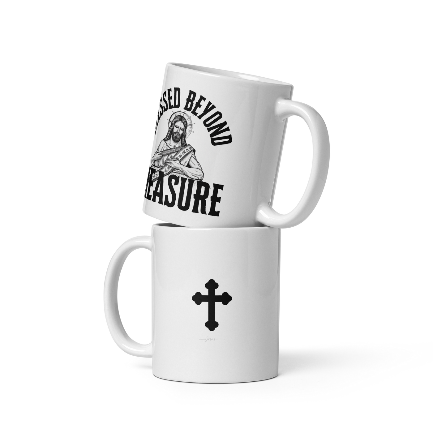 Blessed Beyond Measure White Christian Mug with Cross – 11 oz — white, back view