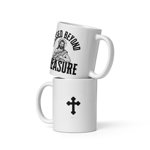 Blessed Beyond Measure White Christian Mug with Cross – 11 oz — white, back view