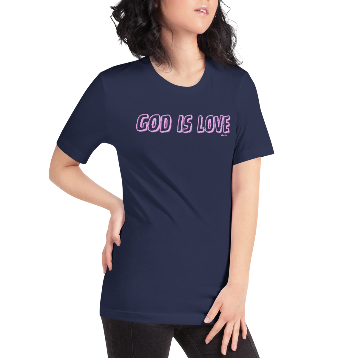 God Is Love 1 John 4:8 Navy Neon Christian T-Shirt — navy, shown on female model