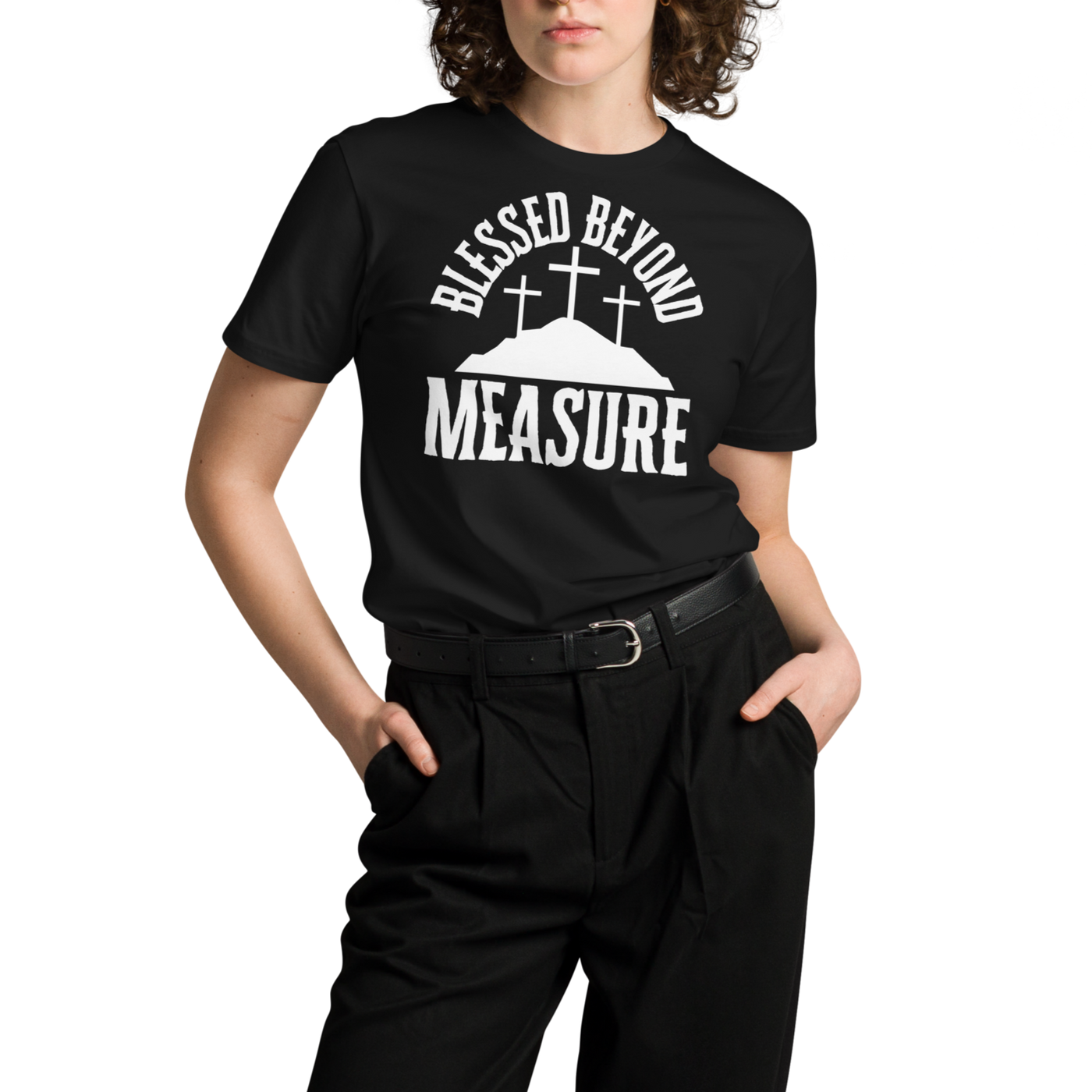 Blessed Beyond Measure Black Christian T-Shirt — black, shown on female model