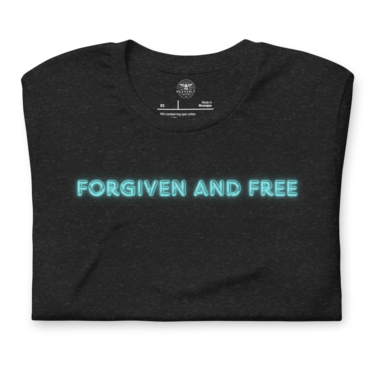 Forgiven and Free Ephesians 1:7 Christian T-Shirt — black heather, folded view