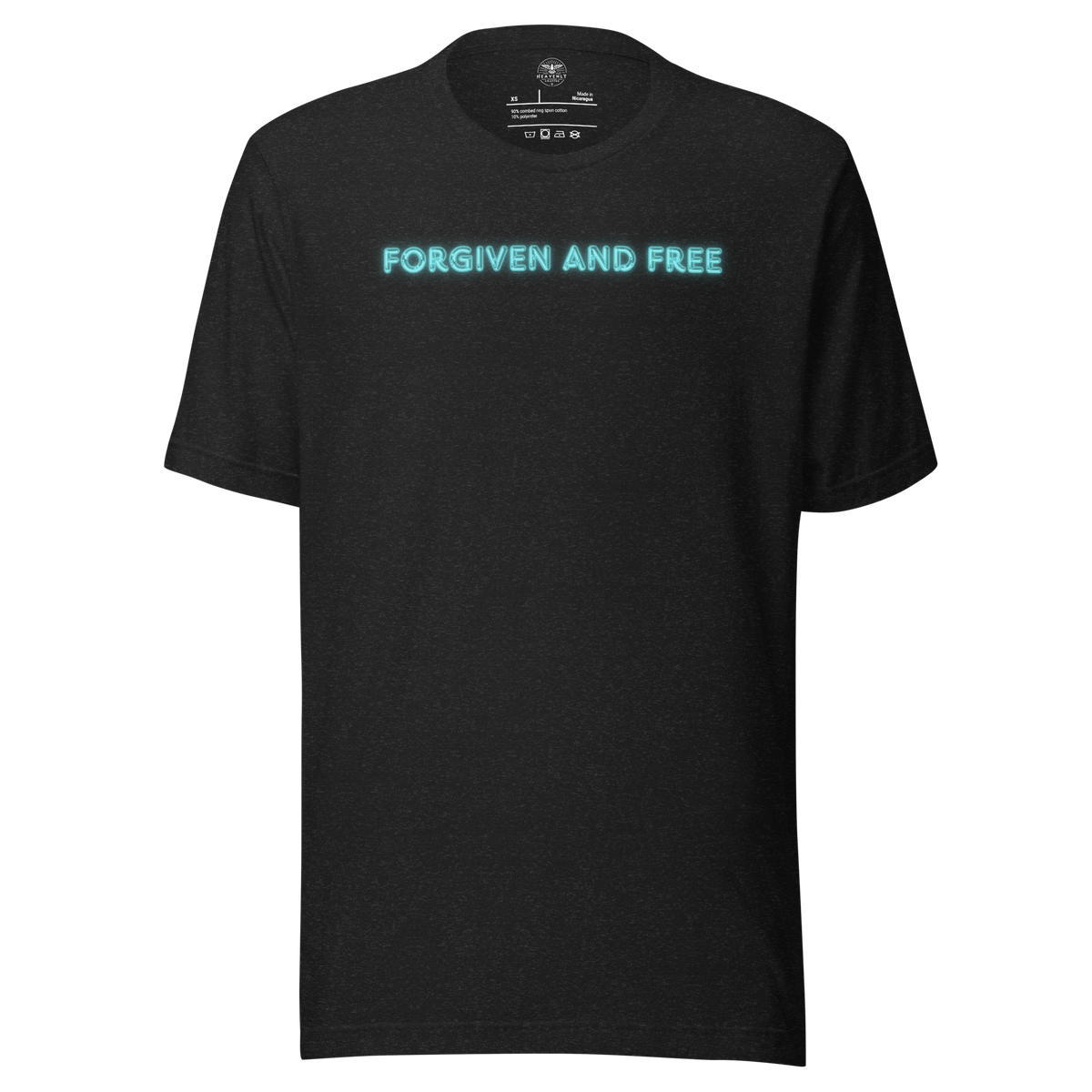 Forgiven and Free Ephesians 1:7 Christian T-Shirt — black heather, front view
