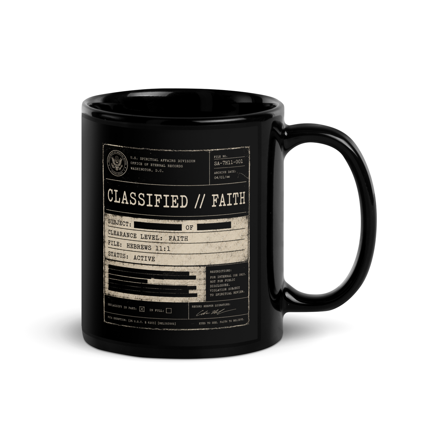 Classified Faith Hebrews 11:1 Black Christian Mug – 11 oz — black, front view