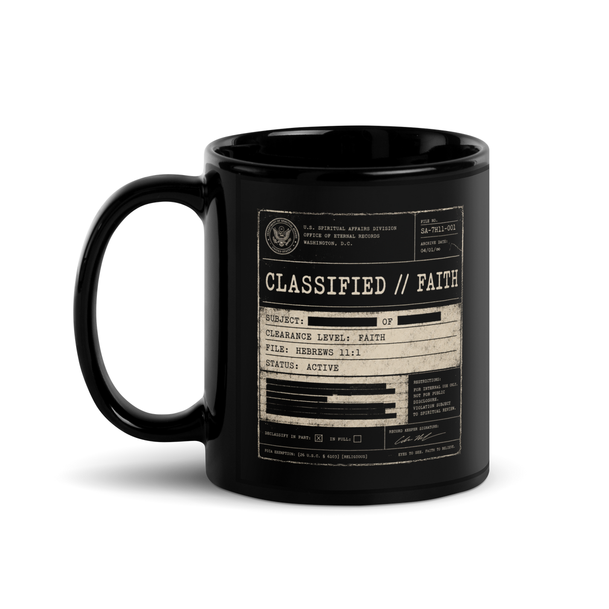 Classified Faith Hebrews 11:1 Black Christian Mug – 11 oz — black, back view