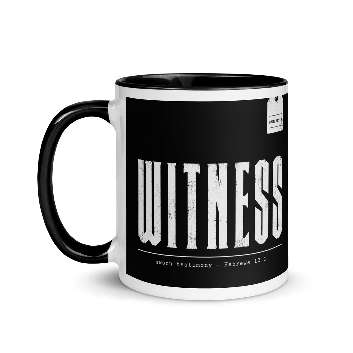 Witness Hebrews 12:1 Christian Mug – Black & White 11 oz — white, back view