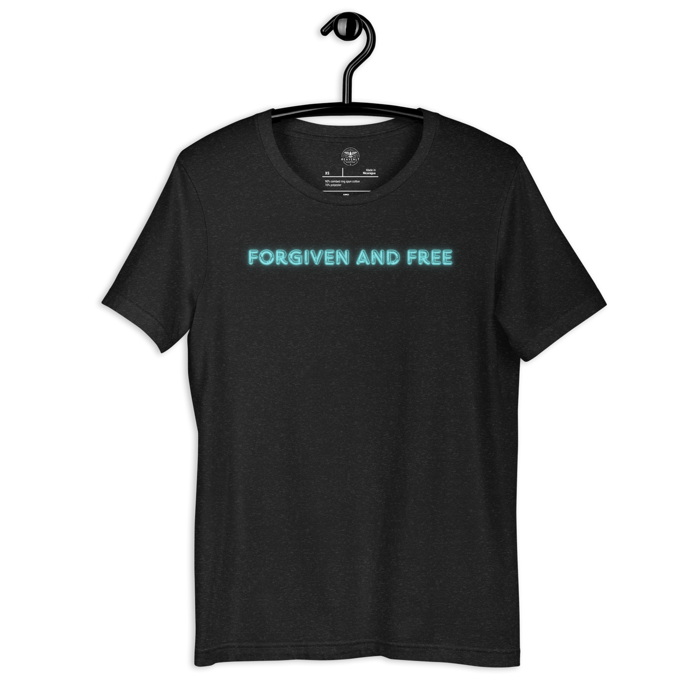 Forgiven and Free Ephesians 1:7 Christian T-Shirt — black heather, hanging view