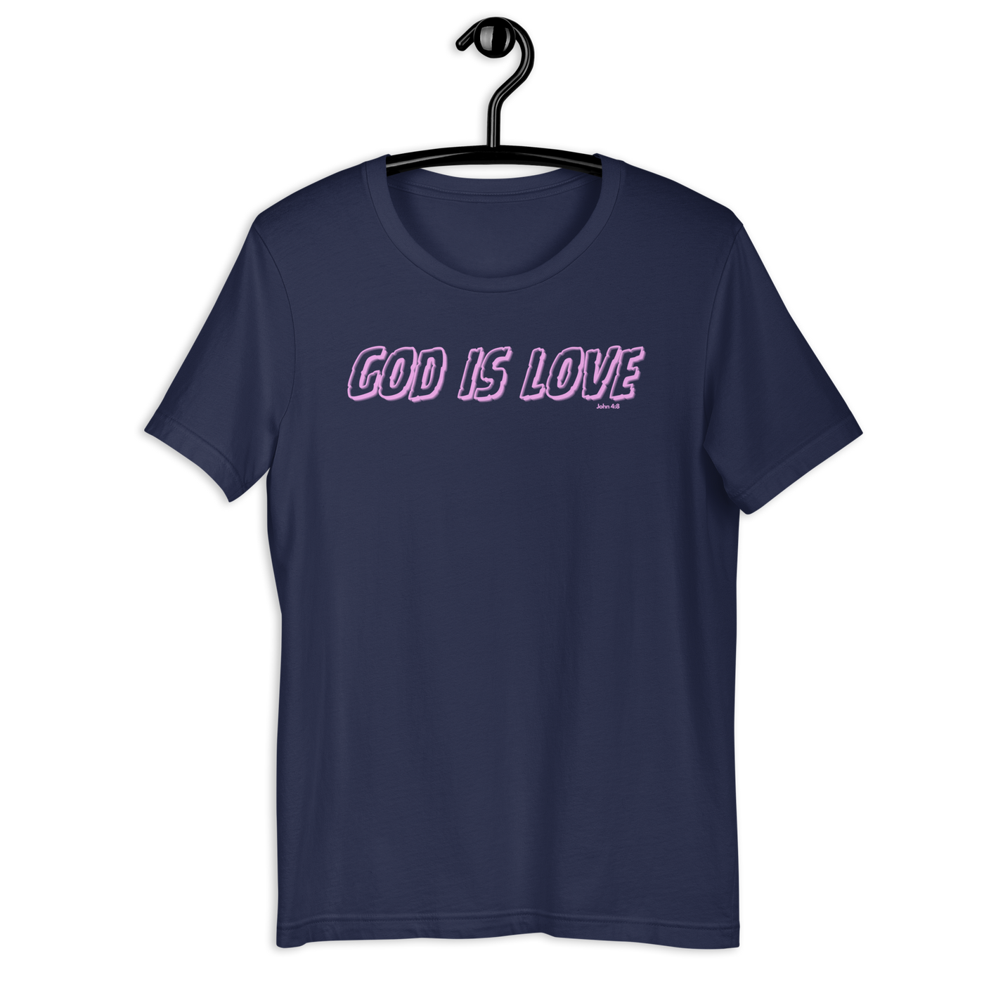 God Is Love 1 John 4:8 Navy Neon Christian T-Shirt — navy, hanging view