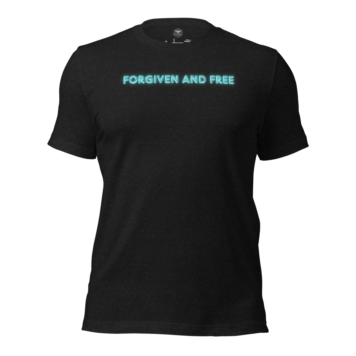 Forgiven and Free Ephesians 1:7 Christian T-Shirt — black heather, product mockup