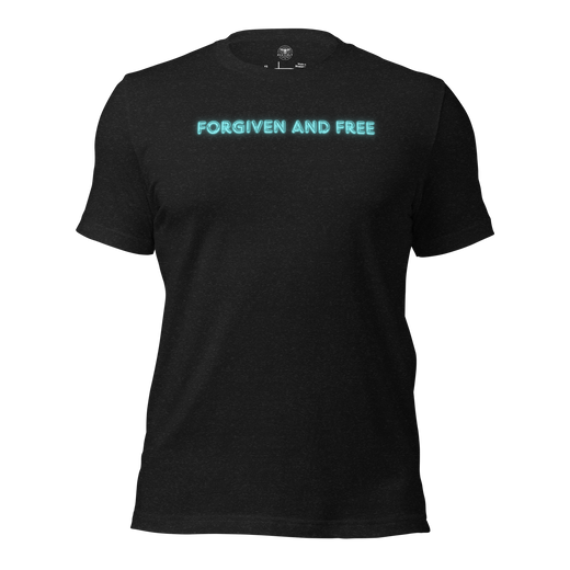 Forgiven and Free Ephesians 1:7 Christian T-Shirt — black heather, product mockup