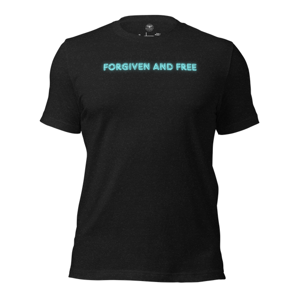 Forgiven and Free Ephesians 1:7 Christian T-Shirt — black heather, product mockup
