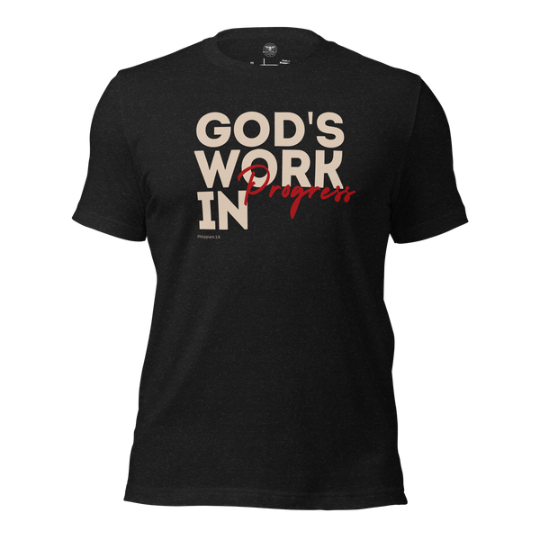 God’s Work in Progress Philippians 1:6 Christian T-Shirt — charcoal black, product mockup
