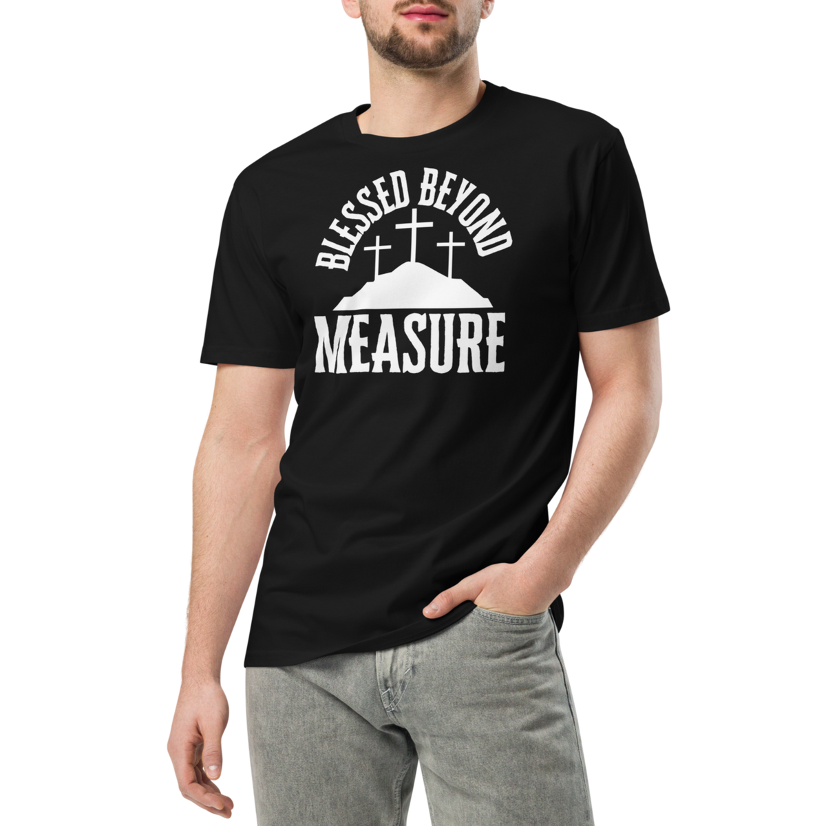Blessed Beyond Measure Black Christian T-Shirt — black, shown on male model 2